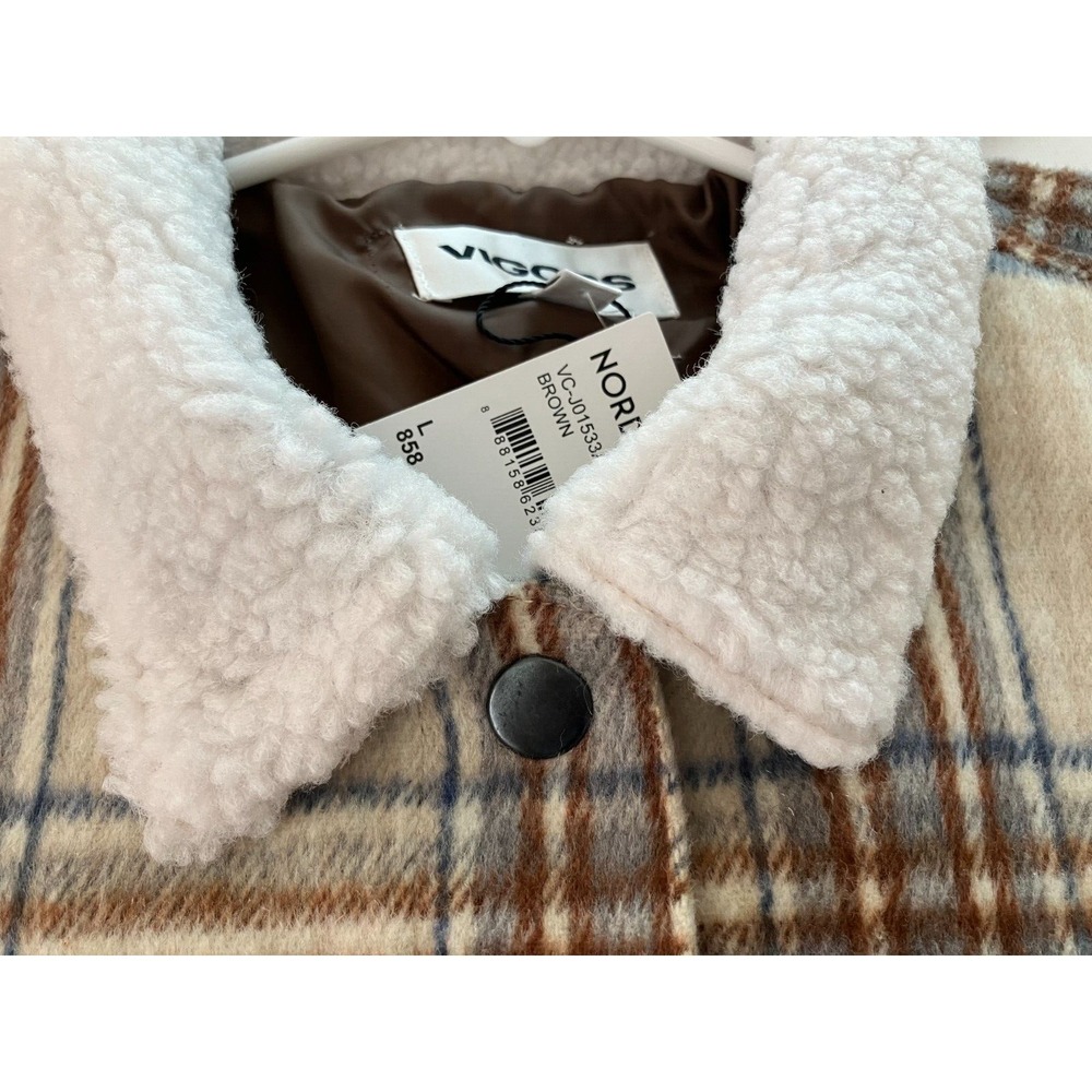 Vigoss‎ Brown Plaid Sherpa Trucker Jacket Women's Large Cropped Snap Front NWT - Picture 5 of 15